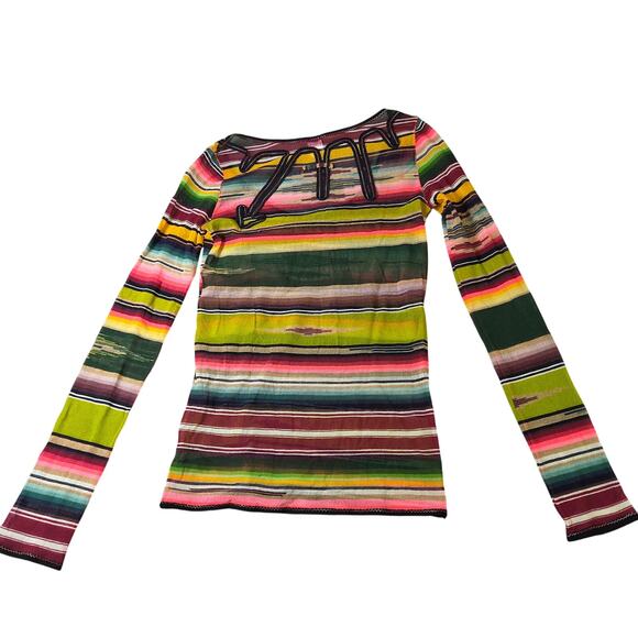 Jean Paul Gaultier Soleil Fuzzi Mesh Top Vintage Y2K Stripe Italy M Long Sleeve - Picture 4 of 16